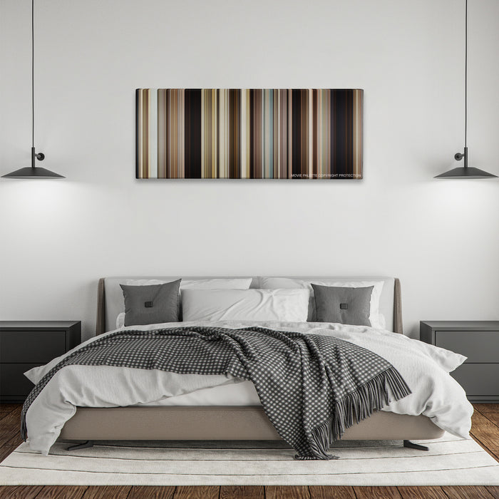Mud color palette canvas above a bed, between two black pendant lamps