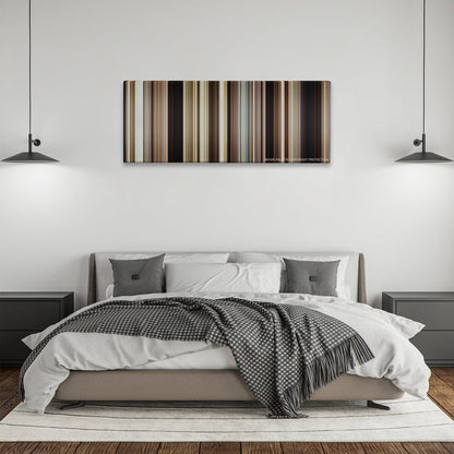 Mud color palette canvas above a bed, between two black pendant lamps