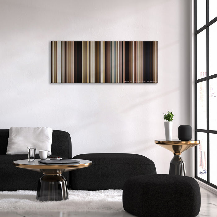 Mud color palette canvas above a black sofa with a gold-topped table