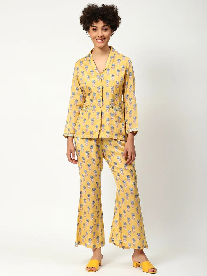 Muslin Printed Co-ord Set in Yellow