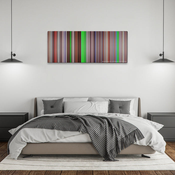 Natural Born Killers color palette canvas above a bed, between two black pendant lamps