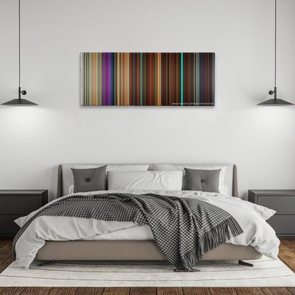 Nerve color palette canvas above a bed, between two black pendant lamps