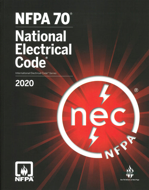 2020 edition cover of NFPA 70 National Electrical Code with red and black background and NEC logo in center