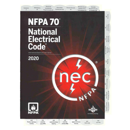 2020 edition of NFPA 70 National Electrical Code book with red gradient cover and highlighted NEC logo