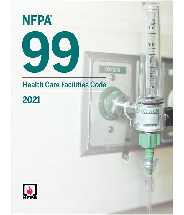 Cover of the NFPA 99 Health Care Facilities Code 2021 edition featuring oxygen supply equipment on a hospital wall