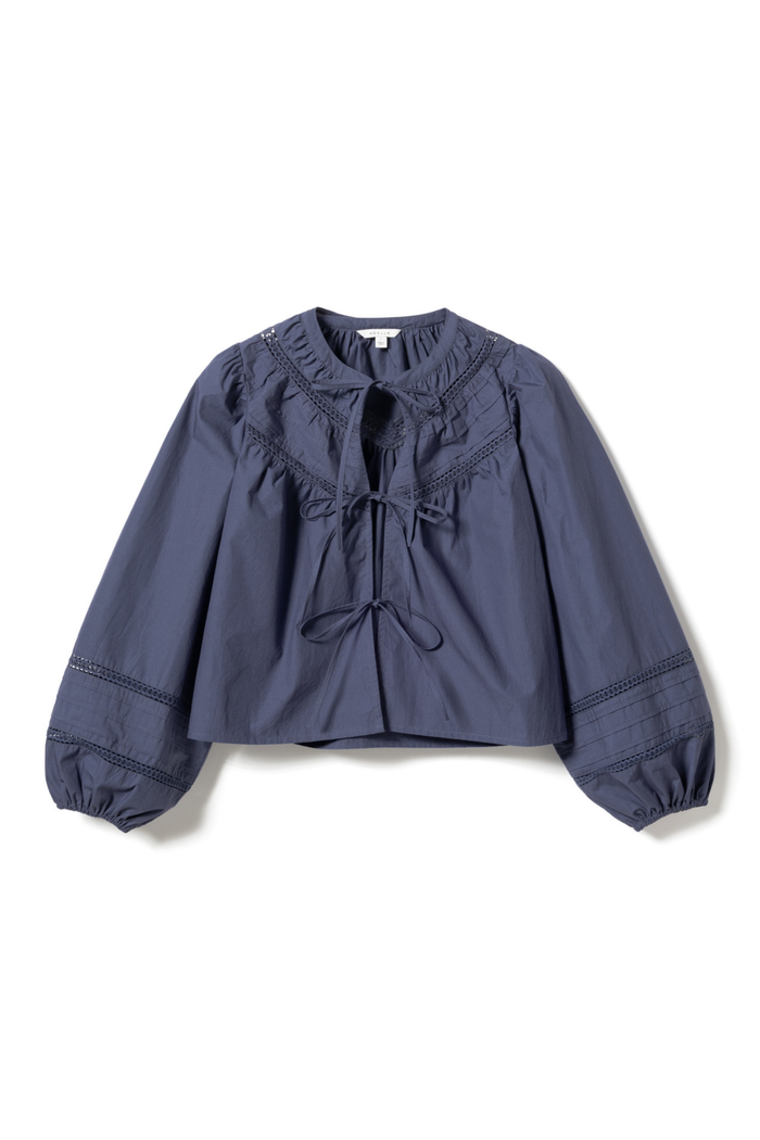 Noella 15050001 N-Marceline Blouse Dusty Blue cotton tie front blouse with balloon sleeves at Dotique