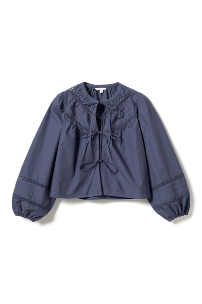 Noella 15050001 N-Marceline Blouse Dusty Blue cotton tie front blouse with balloon sleeves at Dotique