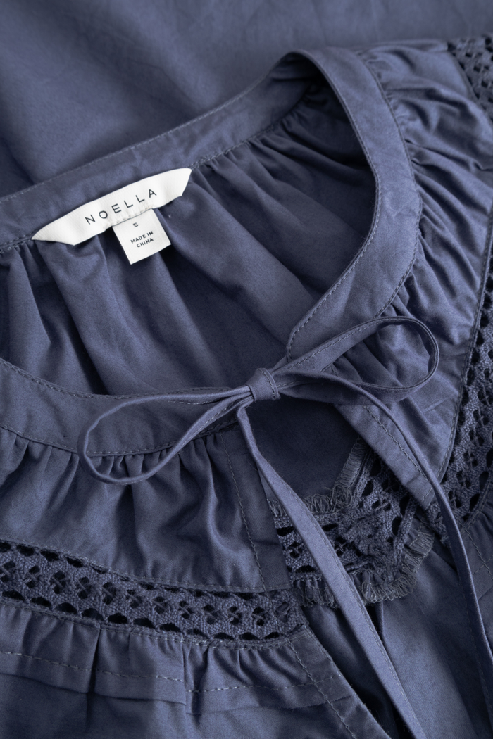 Noella 15050001 N-Marceline Blouse Dusty Blue cotton tie front blouse with balloon sleeves at Dotique