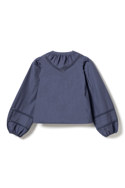 Noella 15050001 N-Marceline Blouse Dusty Blue cotton tie front blouse with balloon sleeves at Dotique