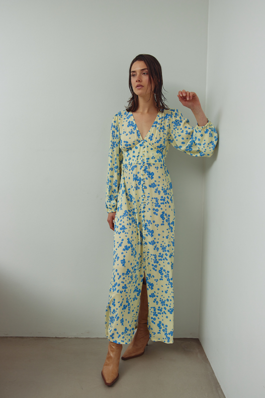 Dotique Noella 15130003 N-Lilith Maxi Dress in Deja Yellow print with deep V-neckline