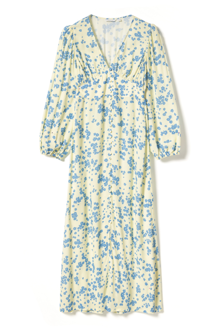 Dotique Noella 15130003 N-Lilith Maxi Dress in Deja Yellow print with deep V-neckline