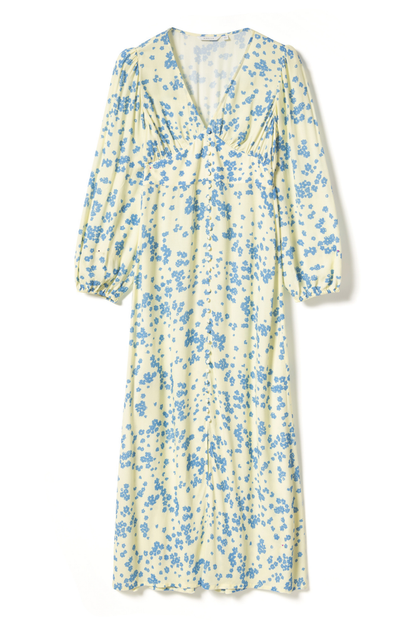 Dotique Noella 15130003 N-Lilith Maxi Dress in Deja Yellow print with deep V-neckline