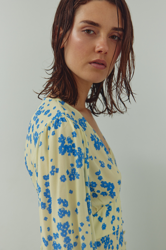 Dotique Noella 15130003 N-Lilith Maxi Dress in Deja Yellow print with deep V-neckline