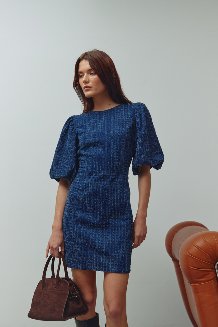 Noella N-Michaela Dress 15290001 in dark blue wash with puff sleeves – Dotique