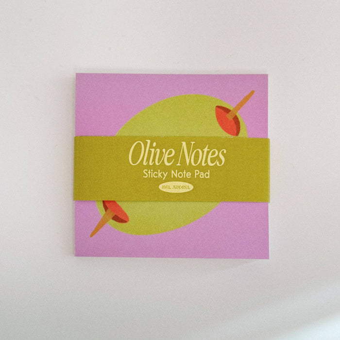 Olive Notes sticky note pad with pink background and green band