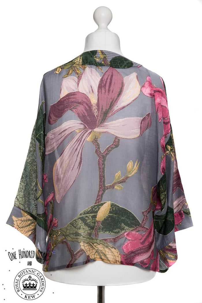 One Hundred Stars Grey Magnolia Kew Kimono Close Up Back | Dotique