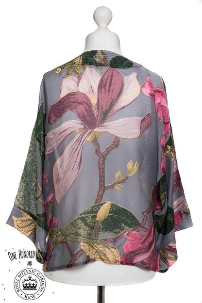 One Hundred Stars Grey Magnolia Kew Kimono Close Up Back | Dotique