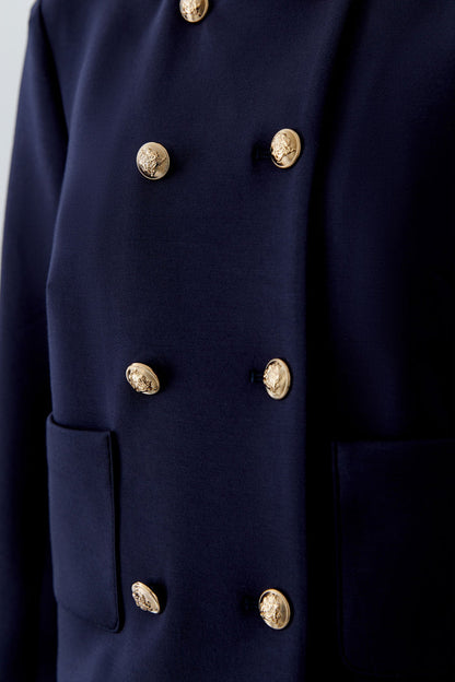 Oui 96341 Navy Blue Collarless Jacket with Gold Buttons by Oui featuring detailed gold buttons, shop Oui at Dotique.