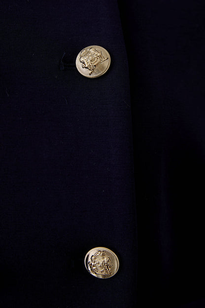 Oui 96341 Navy Blue Collarless Jacket with Gold Buttons by Oui featuring detailed gold buttons, shop Oui at Dotique.