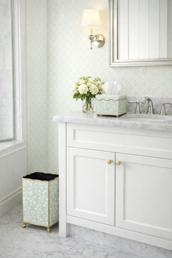 Pale Green Spring Floral Tissue Holder or Wastepaper Basket by The Enchanted Home