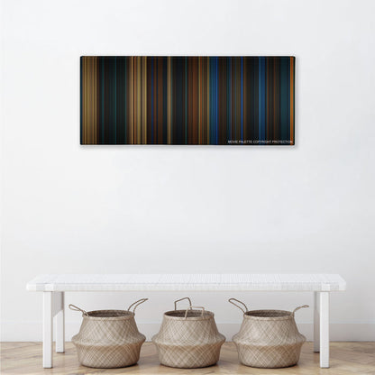 Pan's Labyrinth color palette canvas above a white bench with three woven baskets