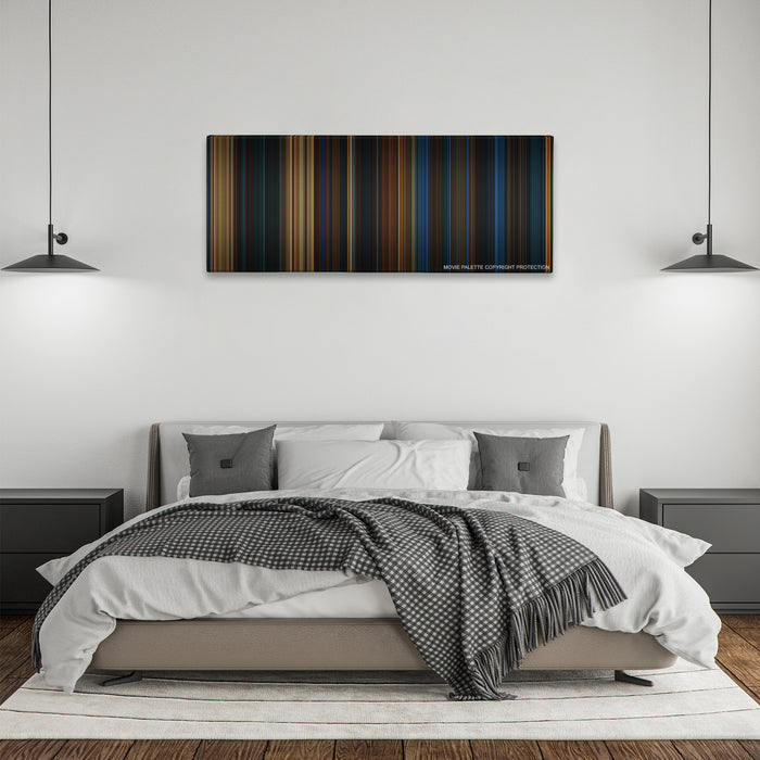 Pan's Labyrinth color palette canvas above a bed, between two black pendant lamps