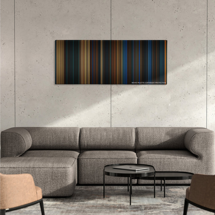 Pan's Labyrinth color palette canvas on a concrete wall above a gray sectional sofa
