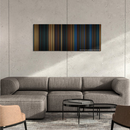 Pan's Labyrinth color palette canvas on a concrete wall above a gray sectional sofa