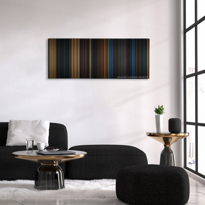 Pan's Labyrinth color palette canvas above a black sofa with a gold-topped table