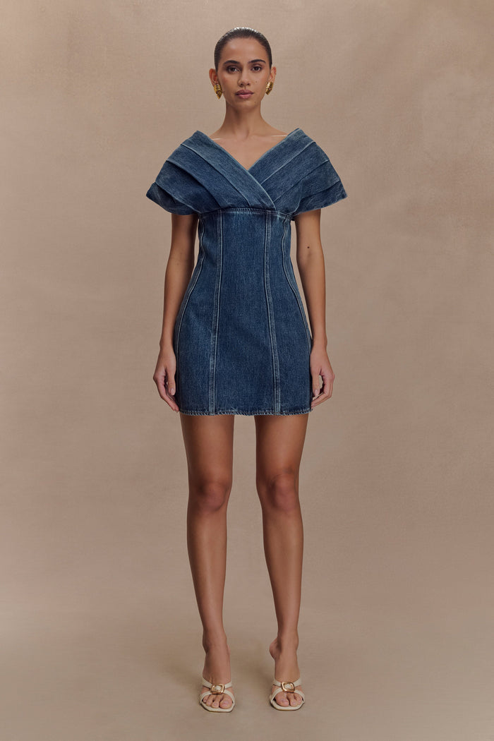 Pascale Off Shoulder Denim Mini Dress - Washed Dark Blue
