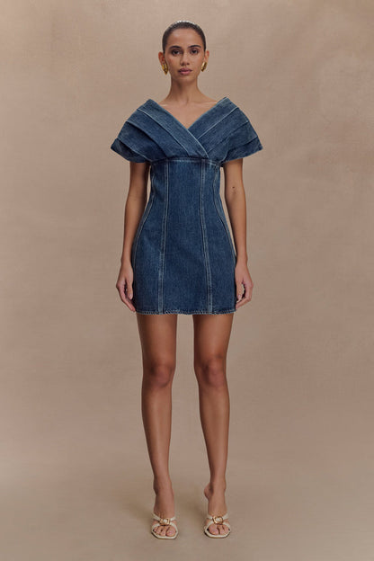 Pascale Off Shoulder Denim Mini Dress - Washed Dark Blue