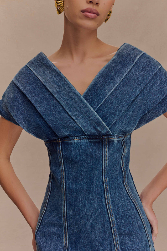 Pascale Off Shoulder Denim Mini Dress - Washed Dark Blue