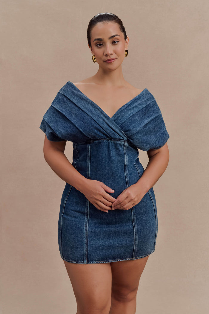 Pascale Off Shoulder Denim Mini Dress - Washed Dark Blue