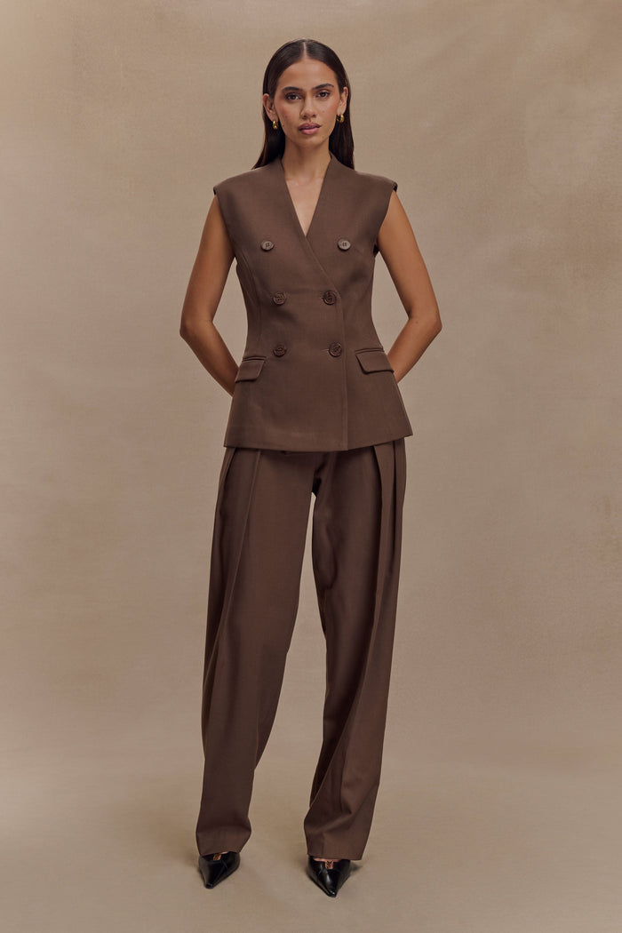 Penelope Pleated High Waisted Pants - Chocolate