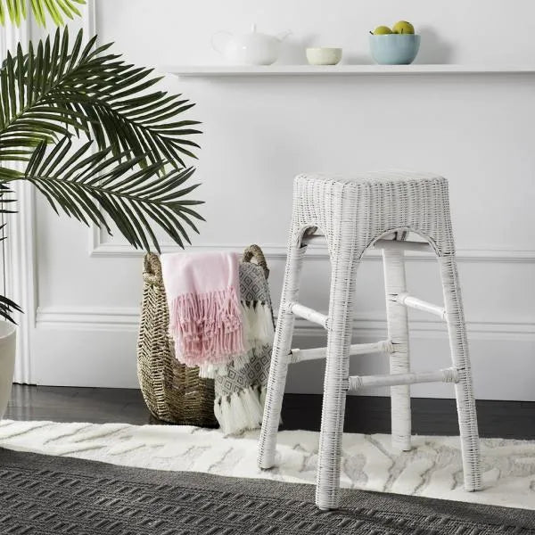 Percy Rattan Bar Stool in White Distress