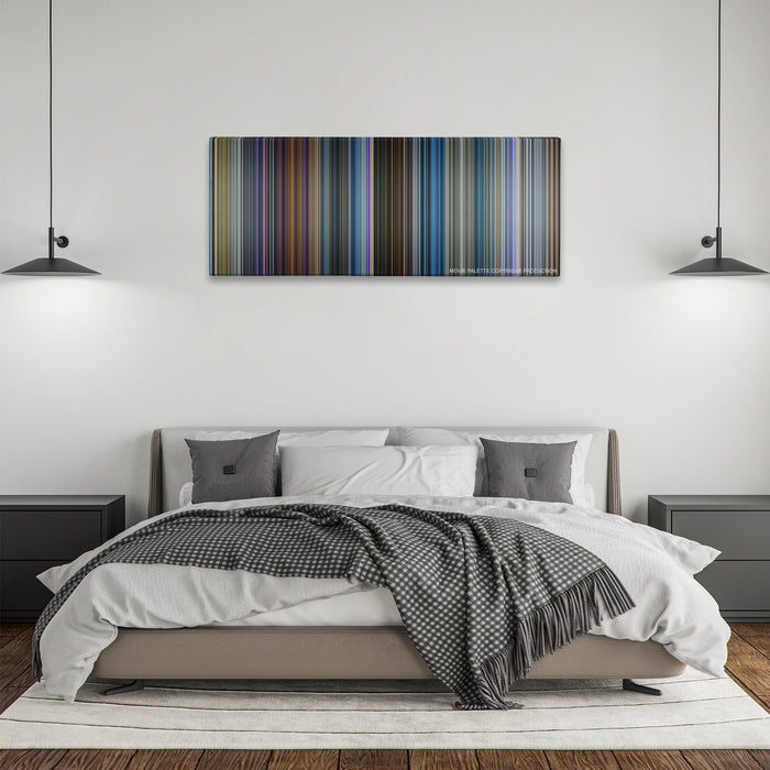 Pokemon Detective Pikachu color palette canvas above a bed, between two black pendant lamps