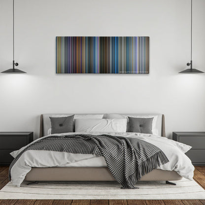 Pokemon Detective Pikachu color palette canvas above a bed, between two black pendant lamps