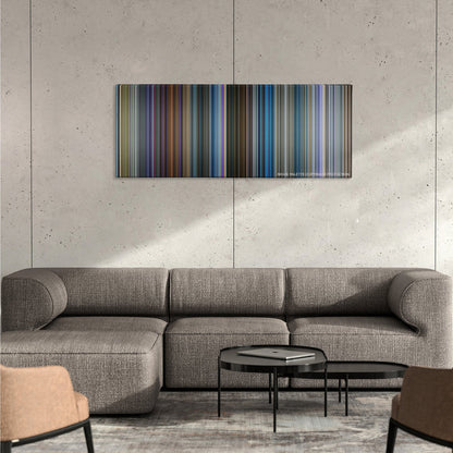 Pokemon Detective Pikachu color palette canvas on a concrete wall above a gray sectional sofa