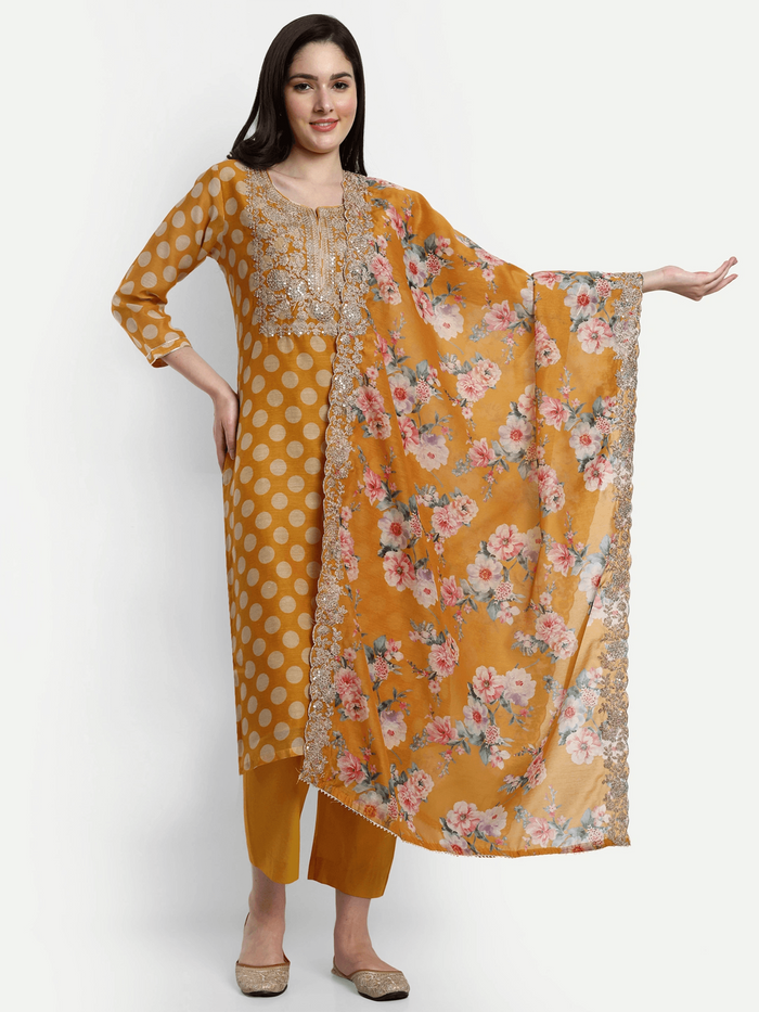 Polka Dots Kurti Set in Yellow with Dupatta