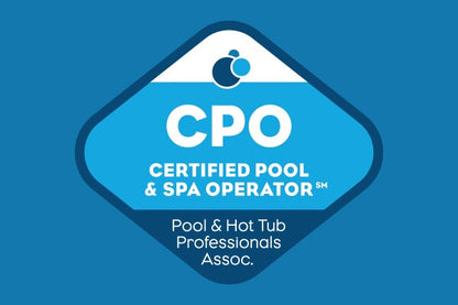 Badge of Certified Pool & Spa Operator from Pool & Hot Tub Professionals Association on blue background