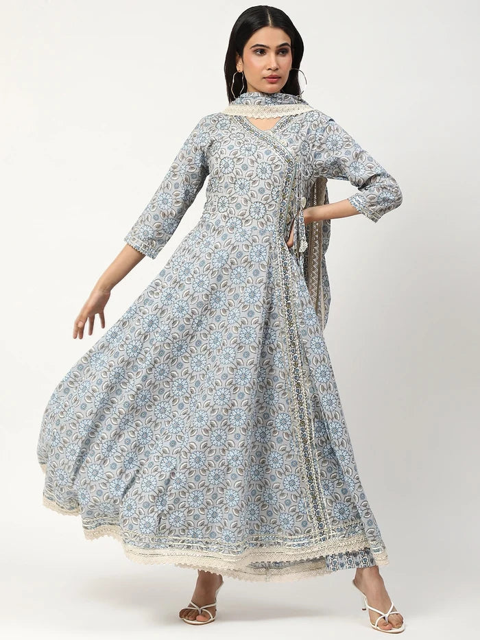 Printed Anarkali Set with Sequins, Dupatta & Pant
