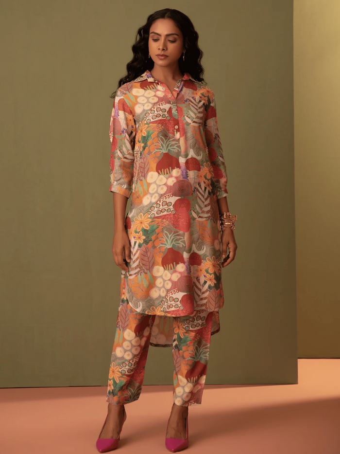 Printed Multi Color Muslin Kurta Set