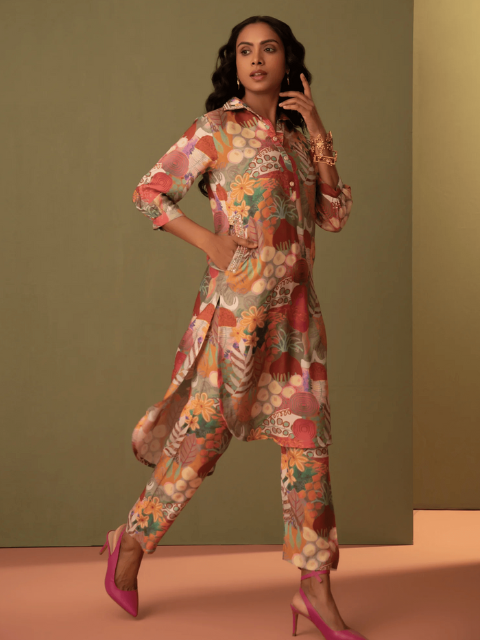 Printed Multi Color Muslin Kurta Set