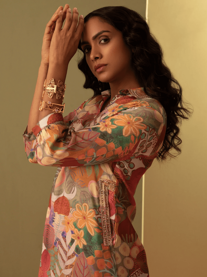 Printed Multi Color Muslin Kurta Set