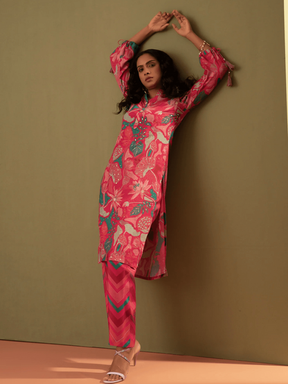 Printed Pink Muslin Kurta Set