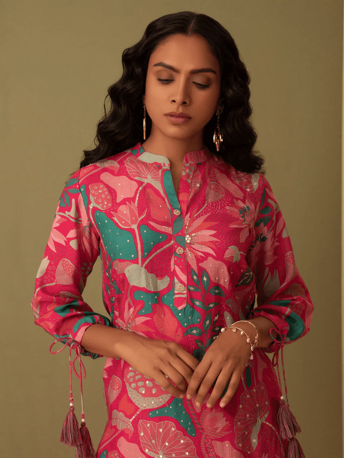 Printed Pink Muslin Kurta Set