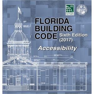 Cover of the 2017 Florida Building Code Sixth Edition for Accessibility with architectural blueprint background