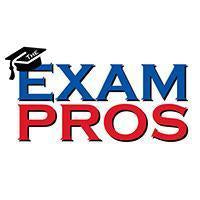 Blue and red "Exam Pros" text with a black graduation cap above the "E" on a white background for exam prep branding
