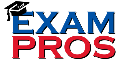 Logo of The Exam Pros with blue and red bold letters on a transparent background