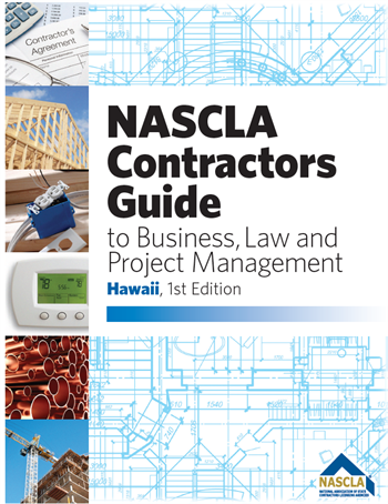 Cover of NASCLA Contractors Guide for Hawaii showing business, law, and project management concepts with construction images and blueprint background